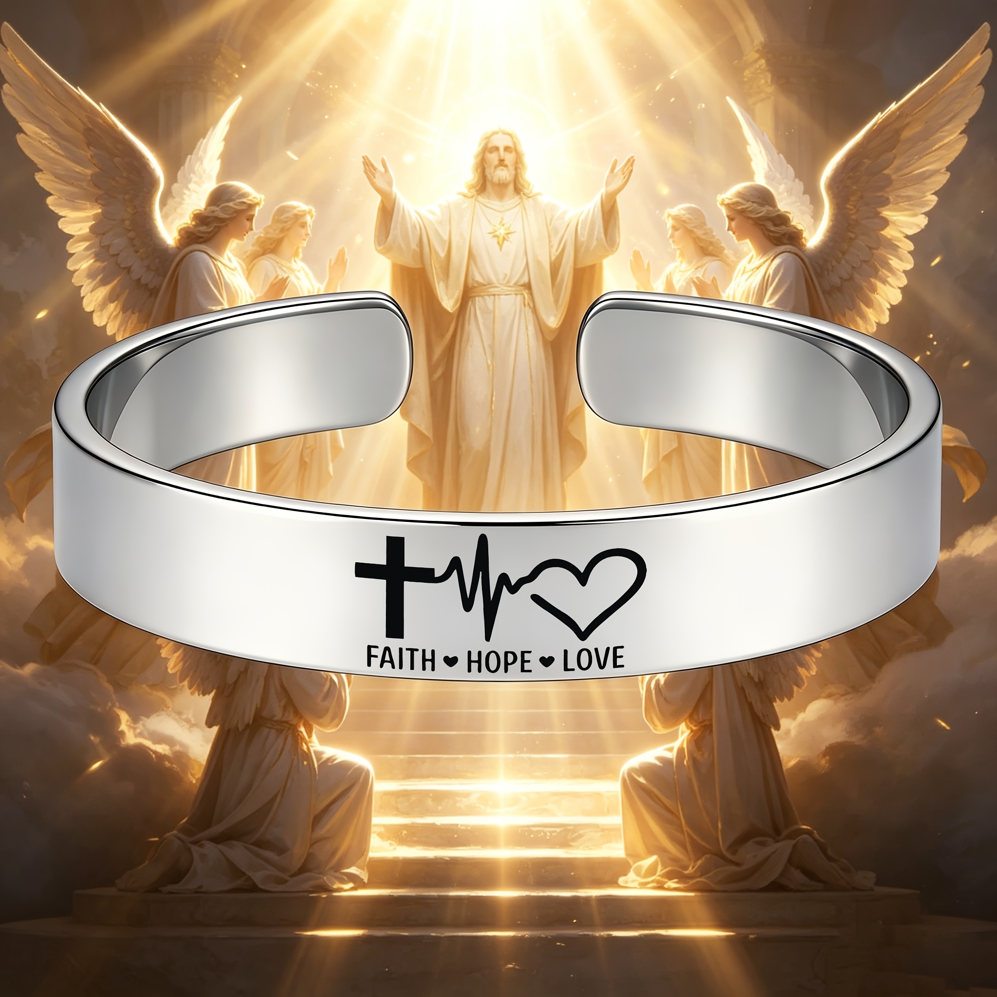 Vintage Cross with Heartbeat Frequency Open Bangle Bracelet